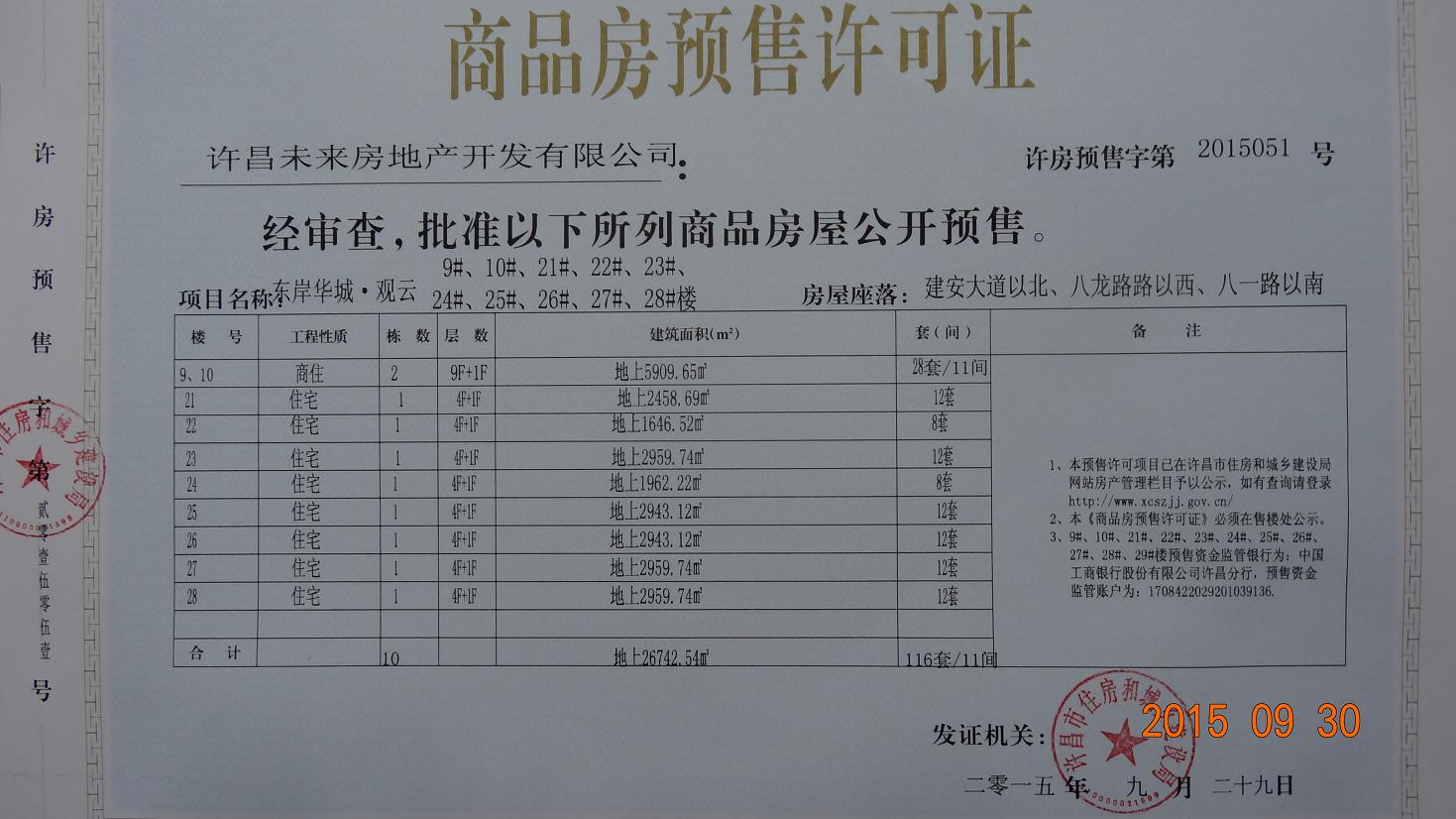 许房预售字第2015051号（许昌市未来房地产开发有限公司）