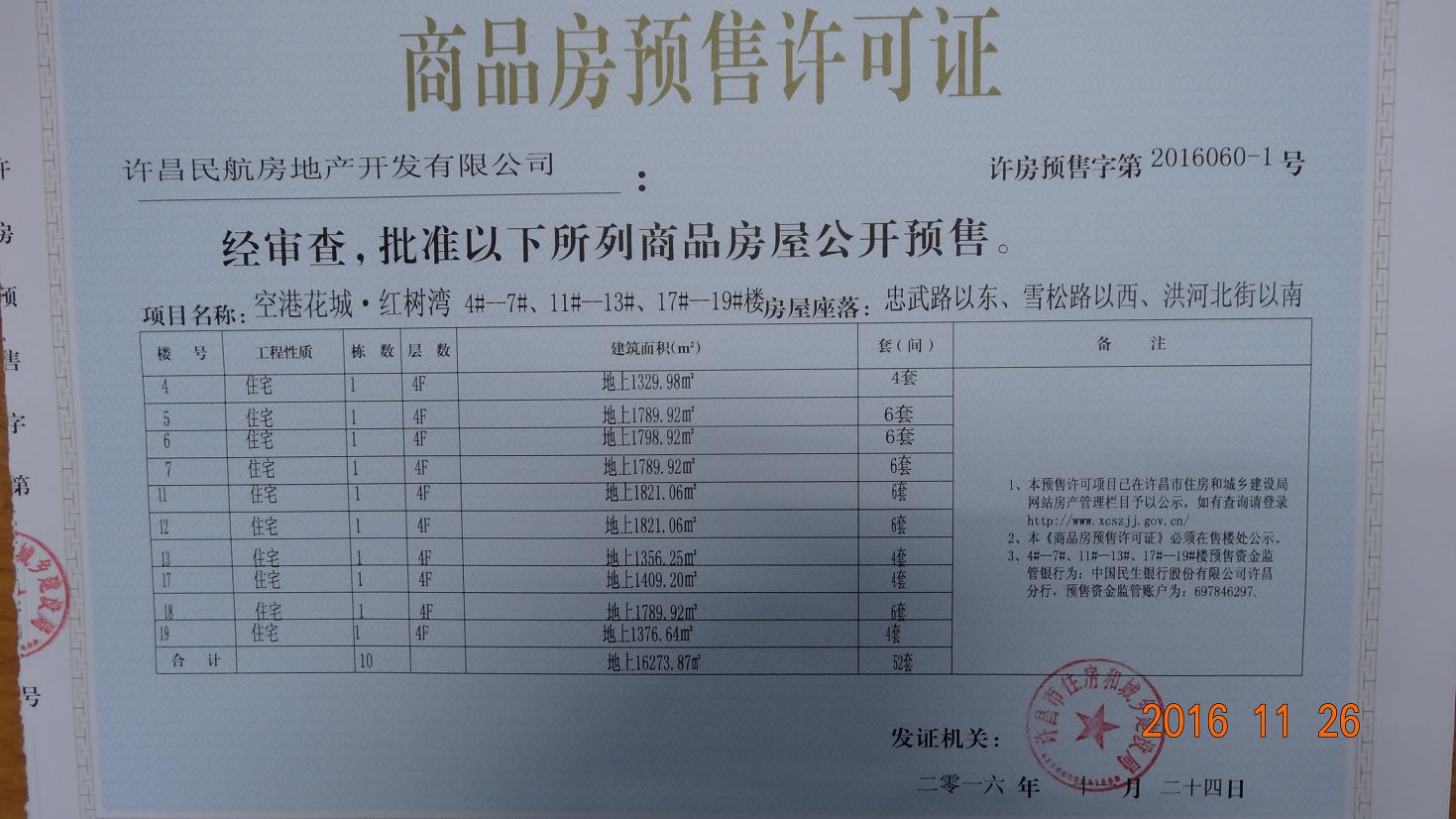 许房预售字第2016060-1号（许昌民航房地产开发有限公司）